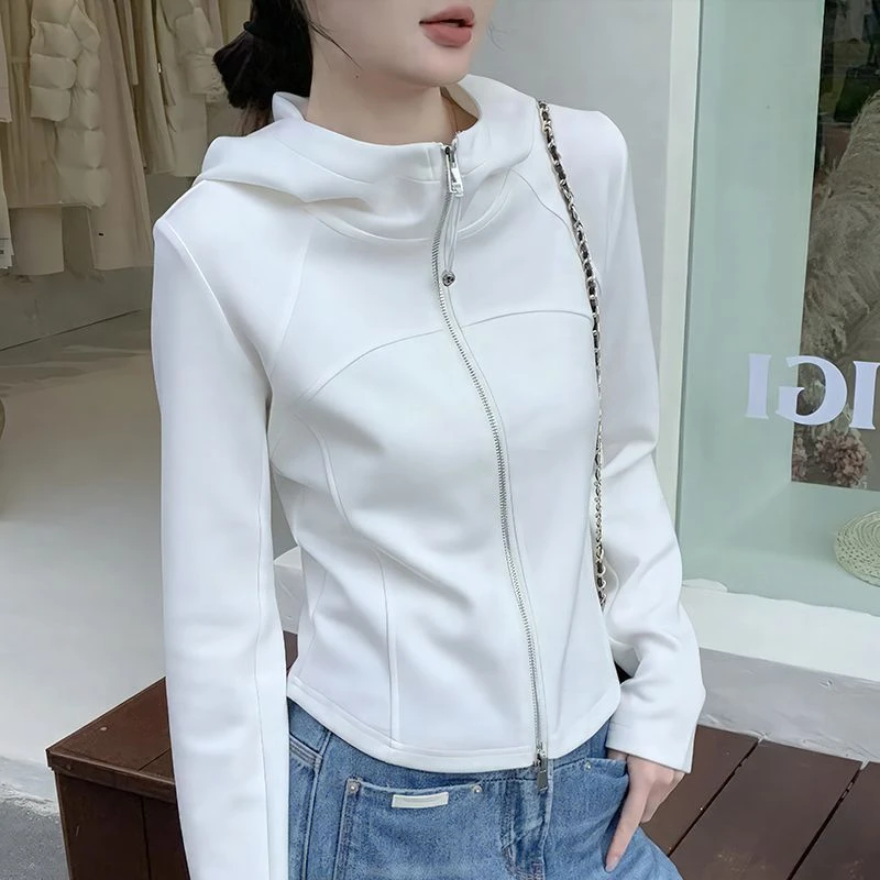 白色连帽拉链长袖卫衣外套女2025新款春秋老钱风网红洋气炸街女装