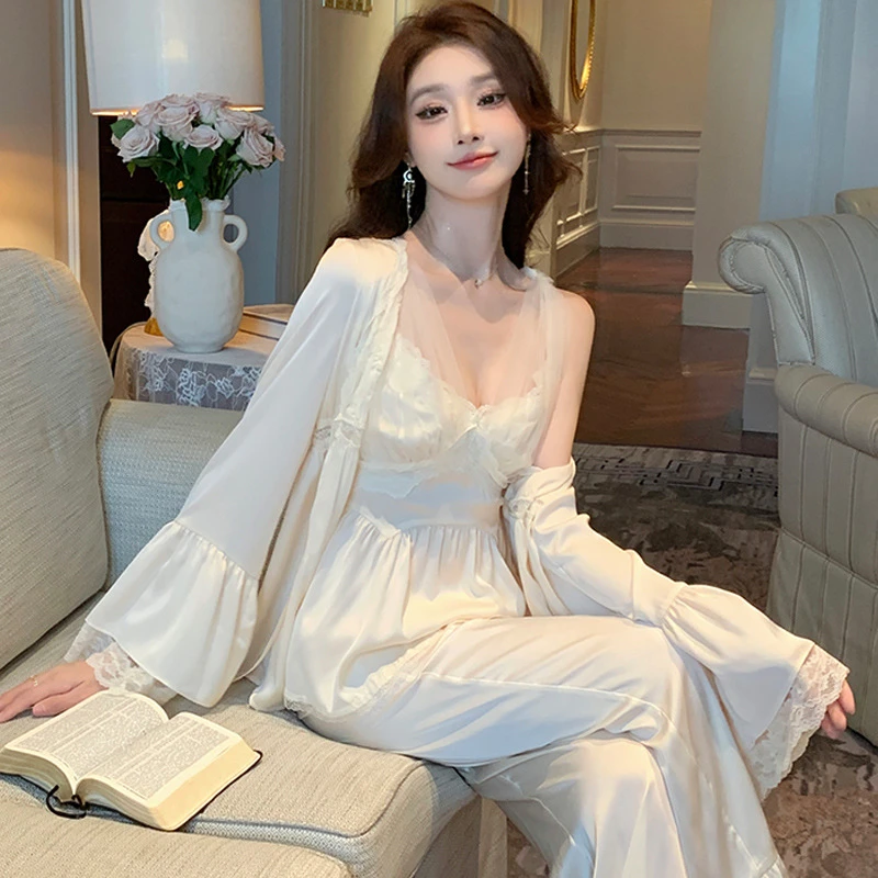 法式春秋款冰丝性感蕾丝睡衣女三件套装外披吊带长裤带胸垫家居服