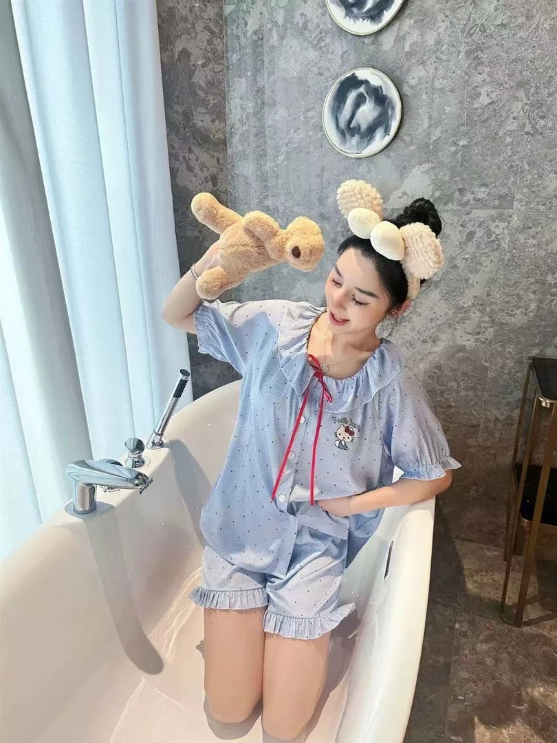 Kitty猫睡衣女短袖棉波点公主风甜美短袖三件套家居服
