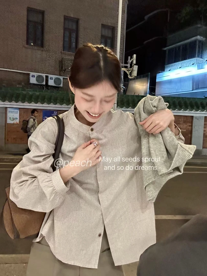 Peach自制 韩版复古圆领单排扣隐藏扣慵懒衬衫上衣 10029