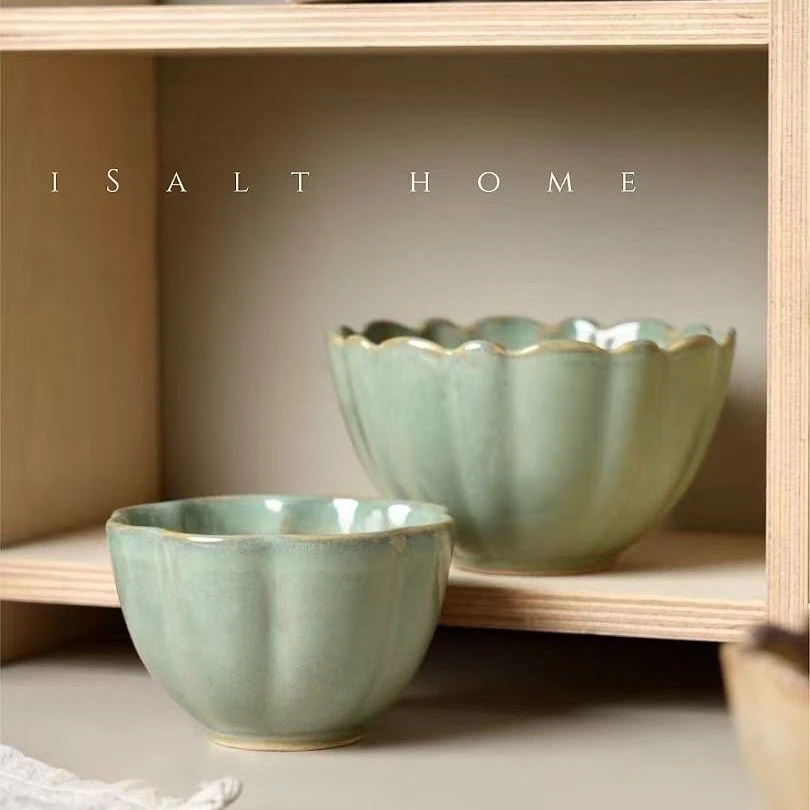 窑变莲花花瓣酸奶碗青瓷家用/手握杯高温釉下彩微波炉手工陶瓷