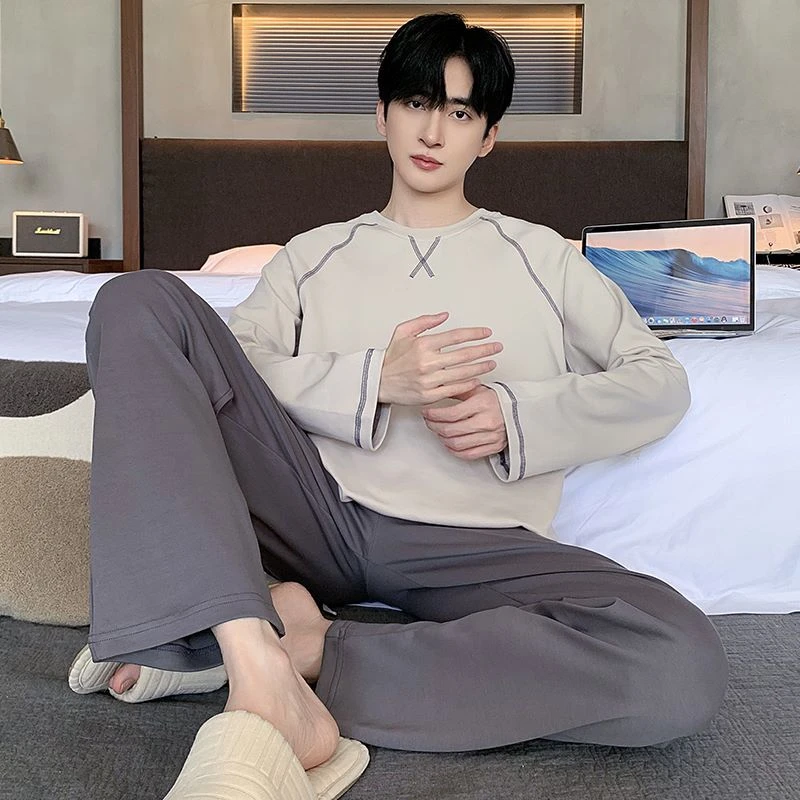 2025春秋新款韩版男士长袖睡衣简约休闲秋冬套头舒适宽松家居套装