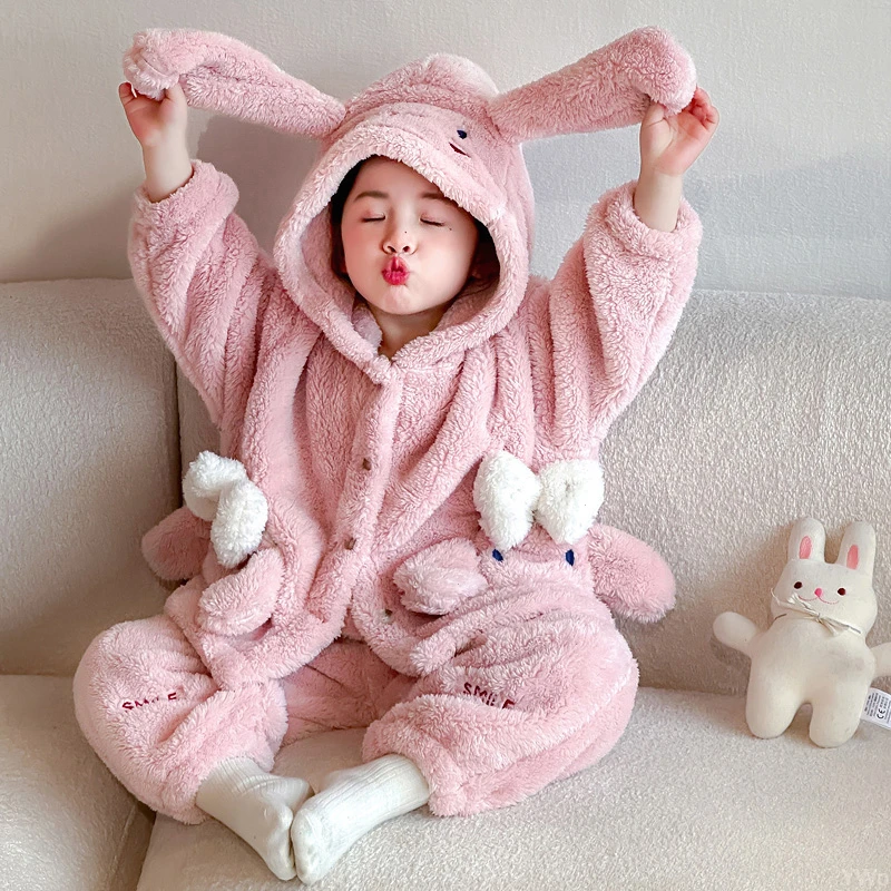 女童睡衣冬季加绒小兔套装睡衣儿童女孩加厚儿童保暖女宝宝家居服