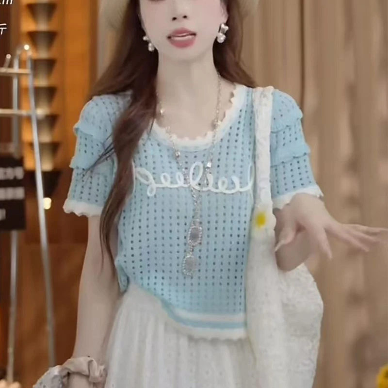 法式短款镂空短袖字母毛针织衫女2025夏季新款薄款设计感显瘦上衣