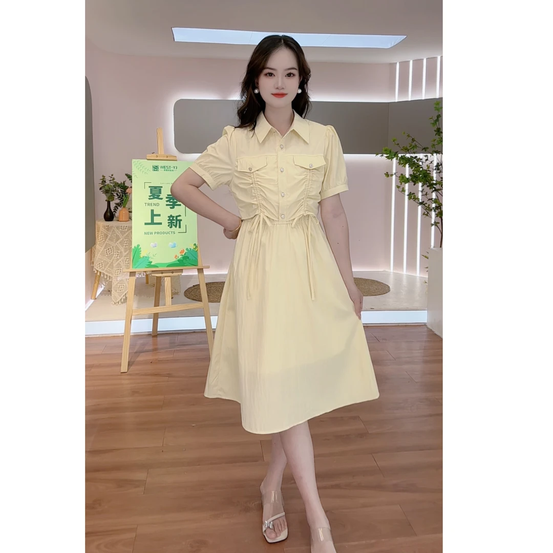 West· 新款显瘦正肩短袖连衣裙女通勤收腰字裙2025夏季