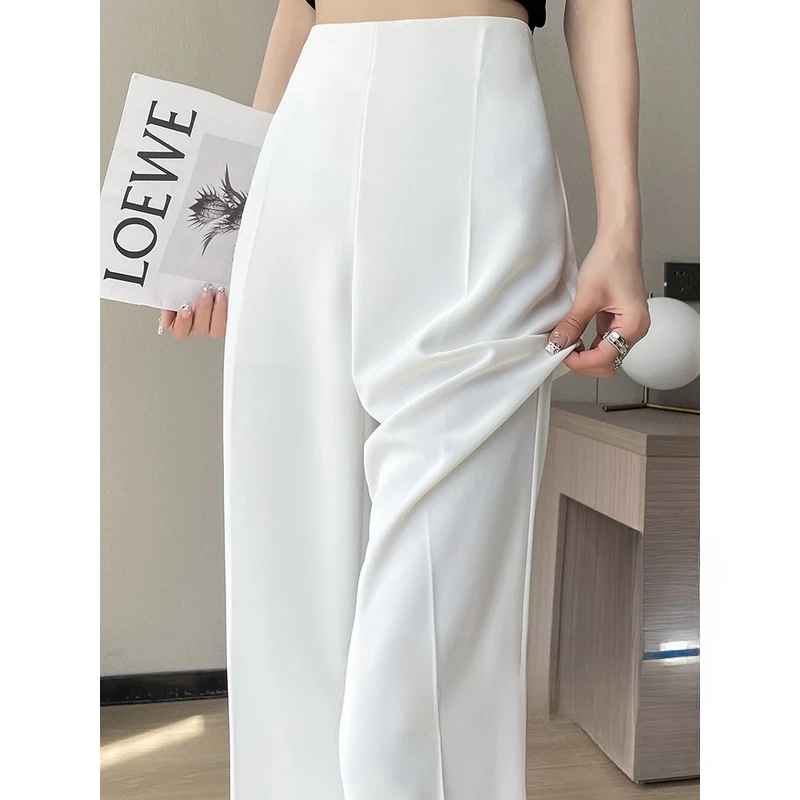 白色冰丝微喇裤女夏薄款高腰显瘦垂感喇叭裤窄版西装拖地休闲裤子