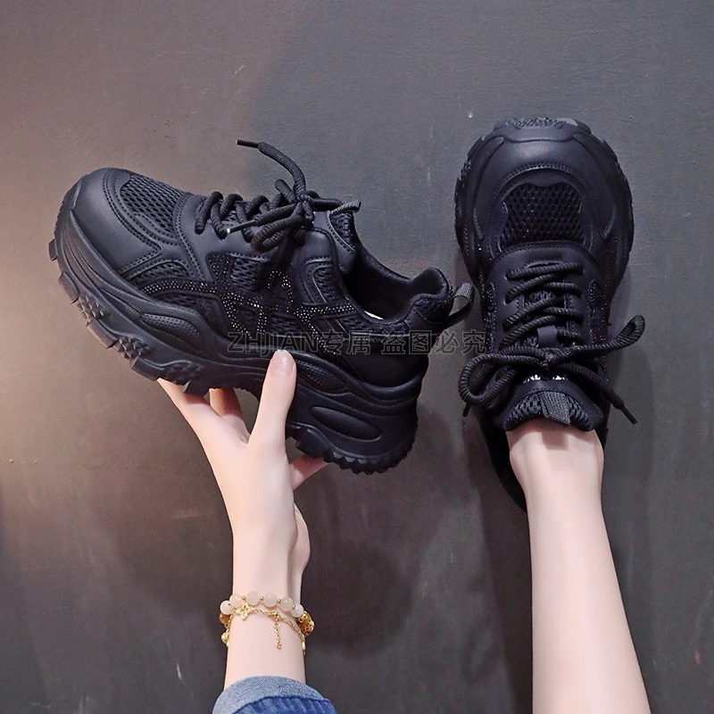 网红爆款水钻老爹鞋女厚底2025秋季新款网面透气百搭休闲运动鞋子