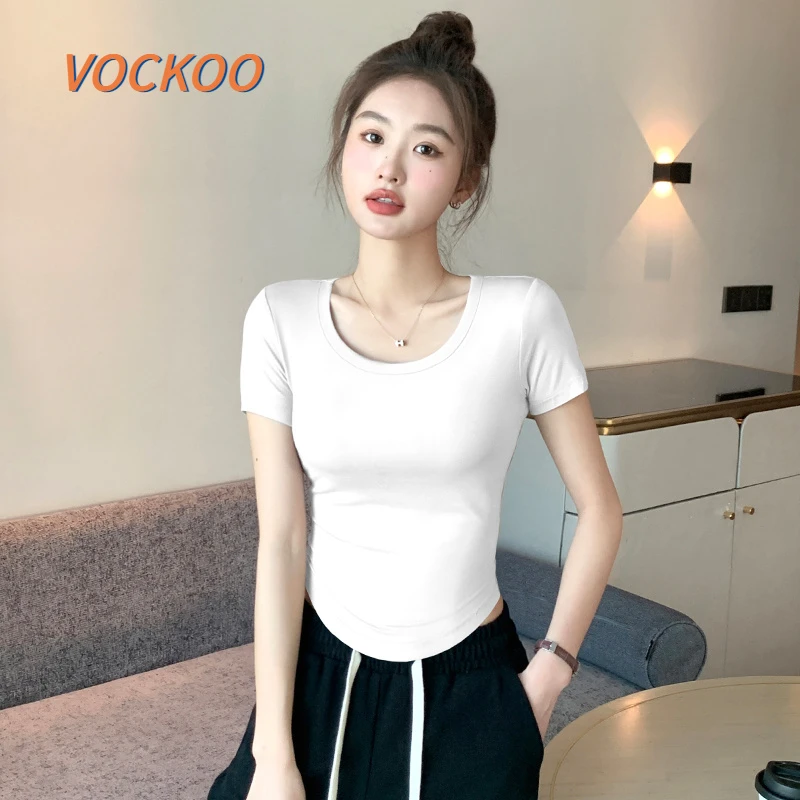 VOCKOO白色修身冰丝健身短袖t恤U领弧形下摆短款上衣圆领面膜收腰
