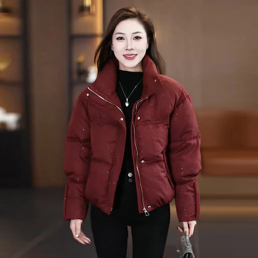 2025新款立领短款羽绒棉服女时尚亮闪显瘦面包服减龄百搭通勤外套