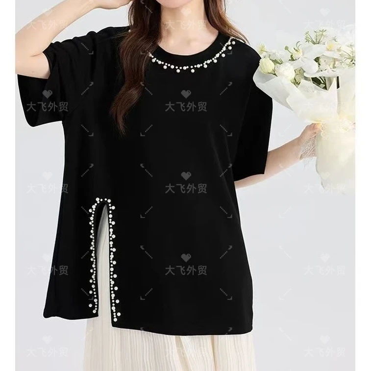 【棉麻&珍珠感开叉tee】夏季新款简约珍珠感开叉Tee075