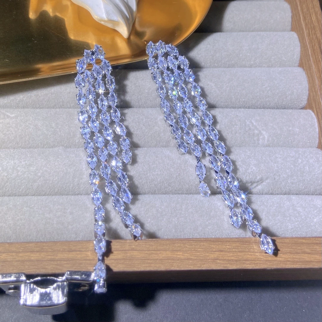 铜合金合成锆石耳饰 复古长款流苏耳环 欧美夸张轻奢高级耳饰