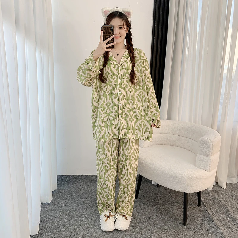 棉绸开衫简约睡衣女加大码胖MM200斤春秋长袖长裤套装薄款家居服