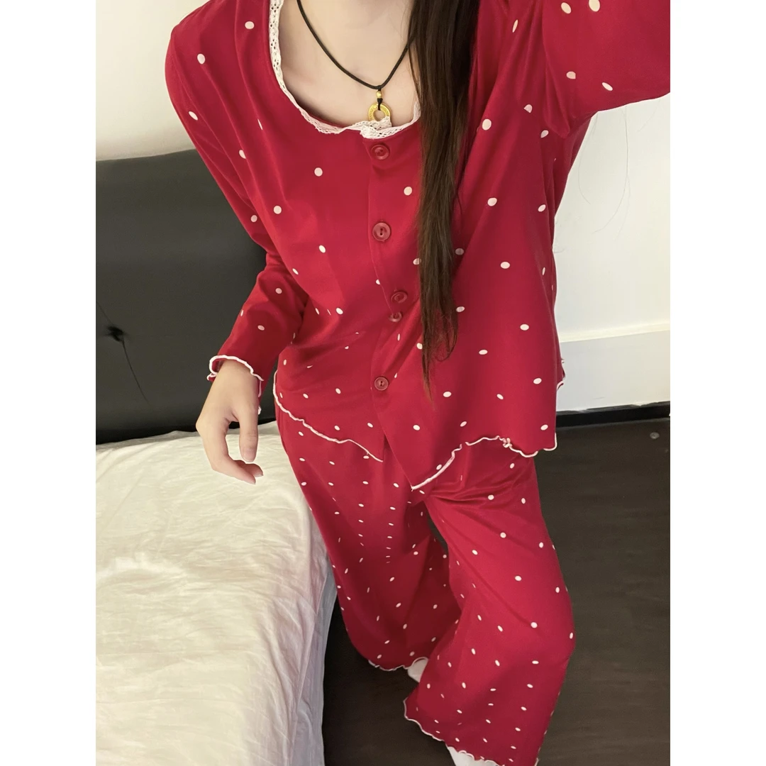 韩系高级感新年红波点印花睡衣女春秋季新款宽松显瘦家居服三件套