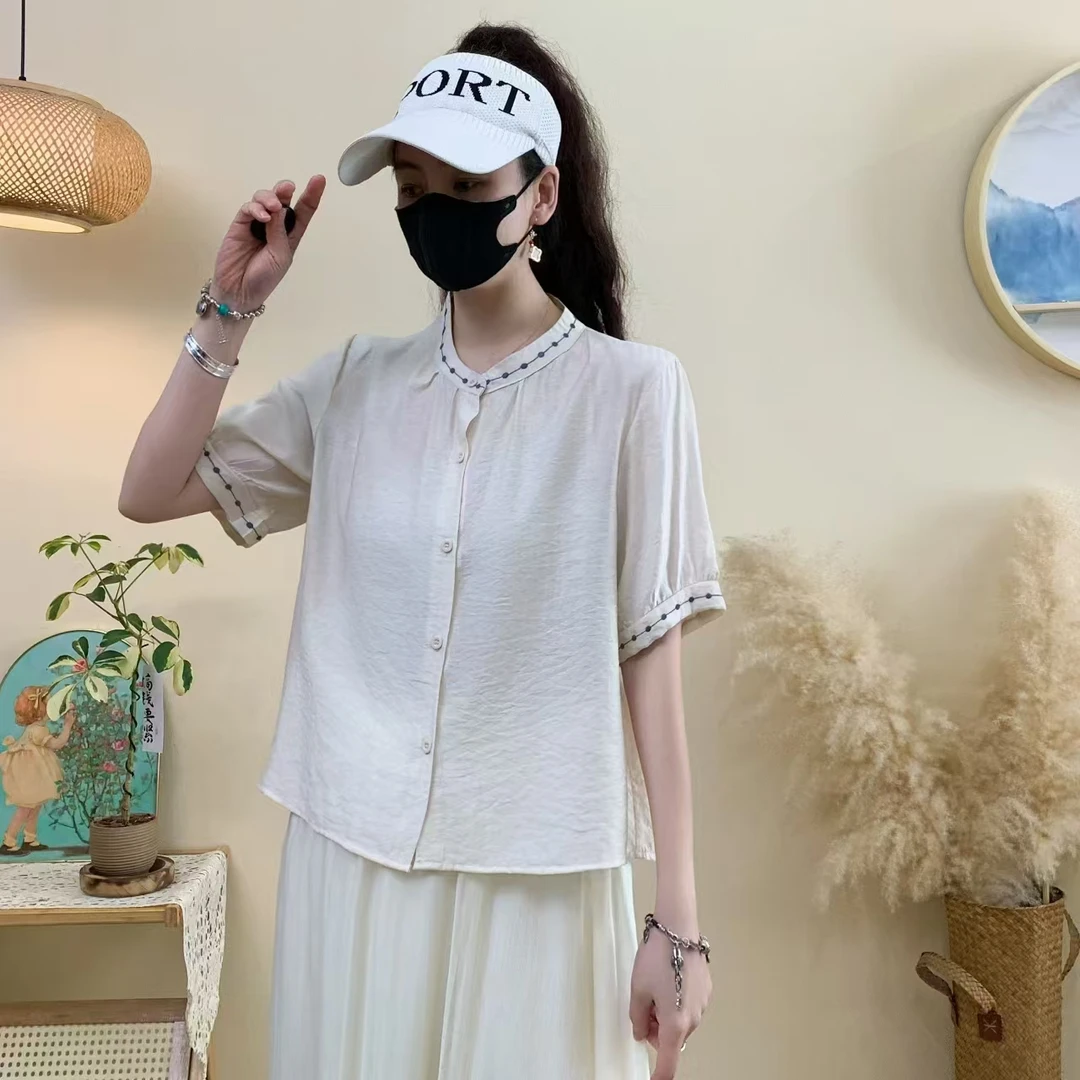 夏季新款2025开衫短袖纯色五分袖衬衣时尚洋气上衣衬衫12586