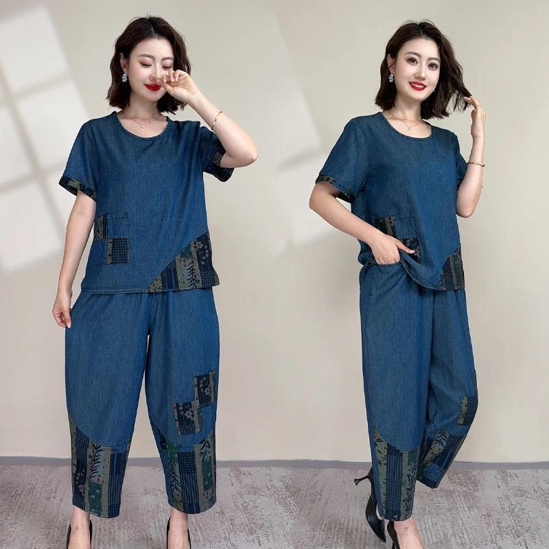 牛仔套装薄款圆领九分裤中老年女民族风夏季新款宽松妈妈装两件套
