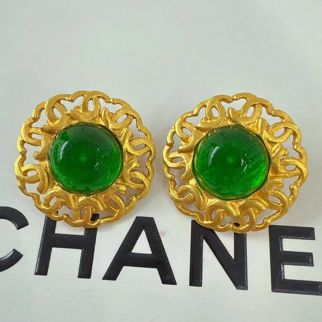 95新  Chanel vintage香奈儿中古绿琉璃耳夹