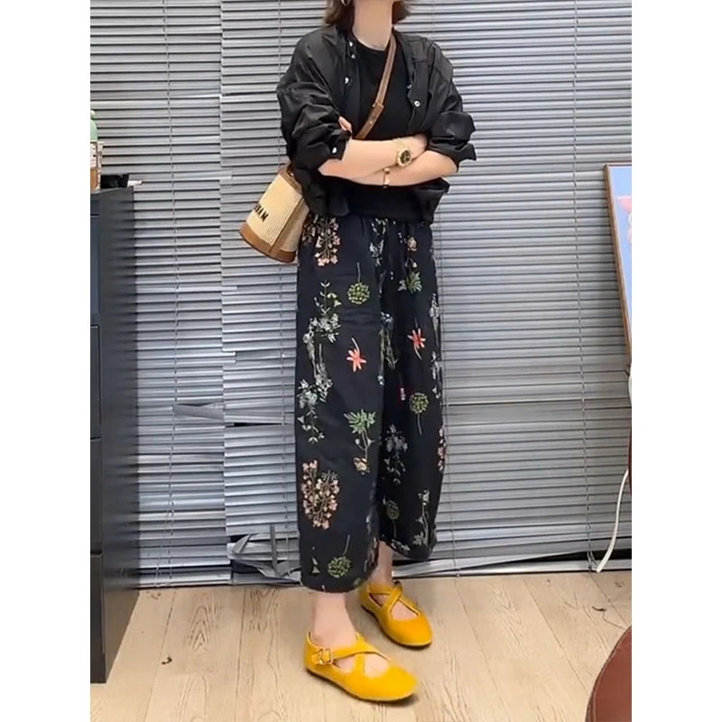 洋气花朵九分哈伦裤女2025夏季薄款九分通勤高腰显瘦阔腿小花