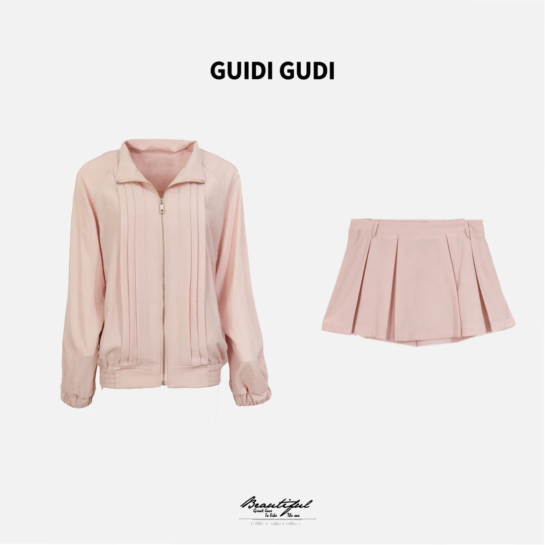 GUIDI GUDI【粉色云溪】时尚陈长袖外套半裙套装/黄加蓝