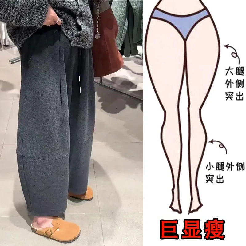 冬季加绒大码女装简约毛呢休闲哈伦裤梨型身材显瘦宽松直筒九分裤