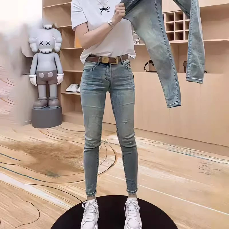 春夏高腰小脚牛仔裤女2025新款大码修身百搭显瘦弹力烟管裤小个子