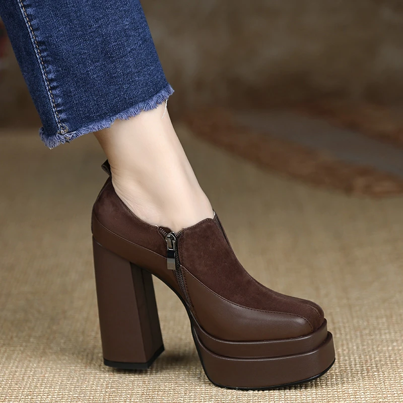 小个子超高跟女鞋12厘米粗跟防水台高跟鞋百搭不累脚厚底深口单鞋