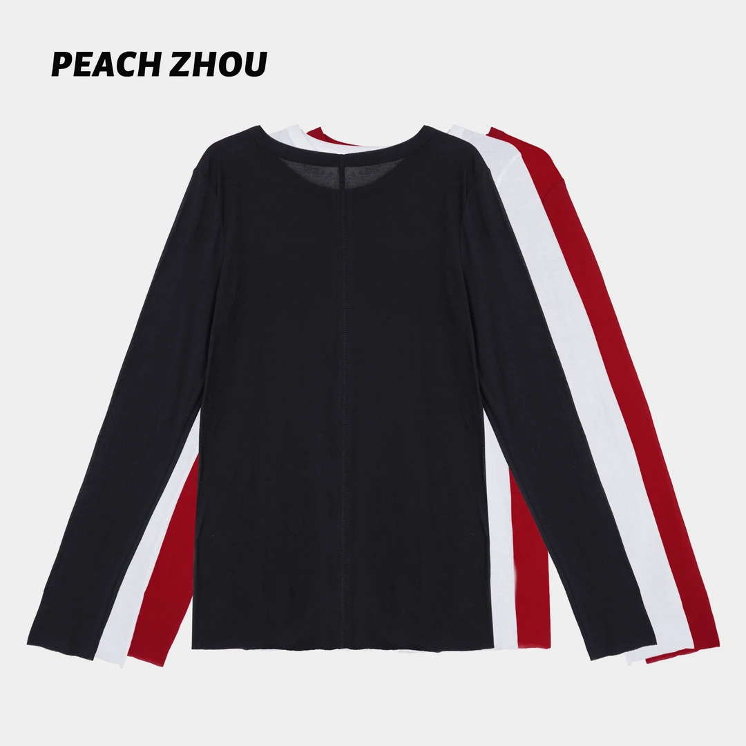 『PEACHZHOU』100长绒棉中线无锁散边宽松圆领内搭长袖休闲百搭T恤