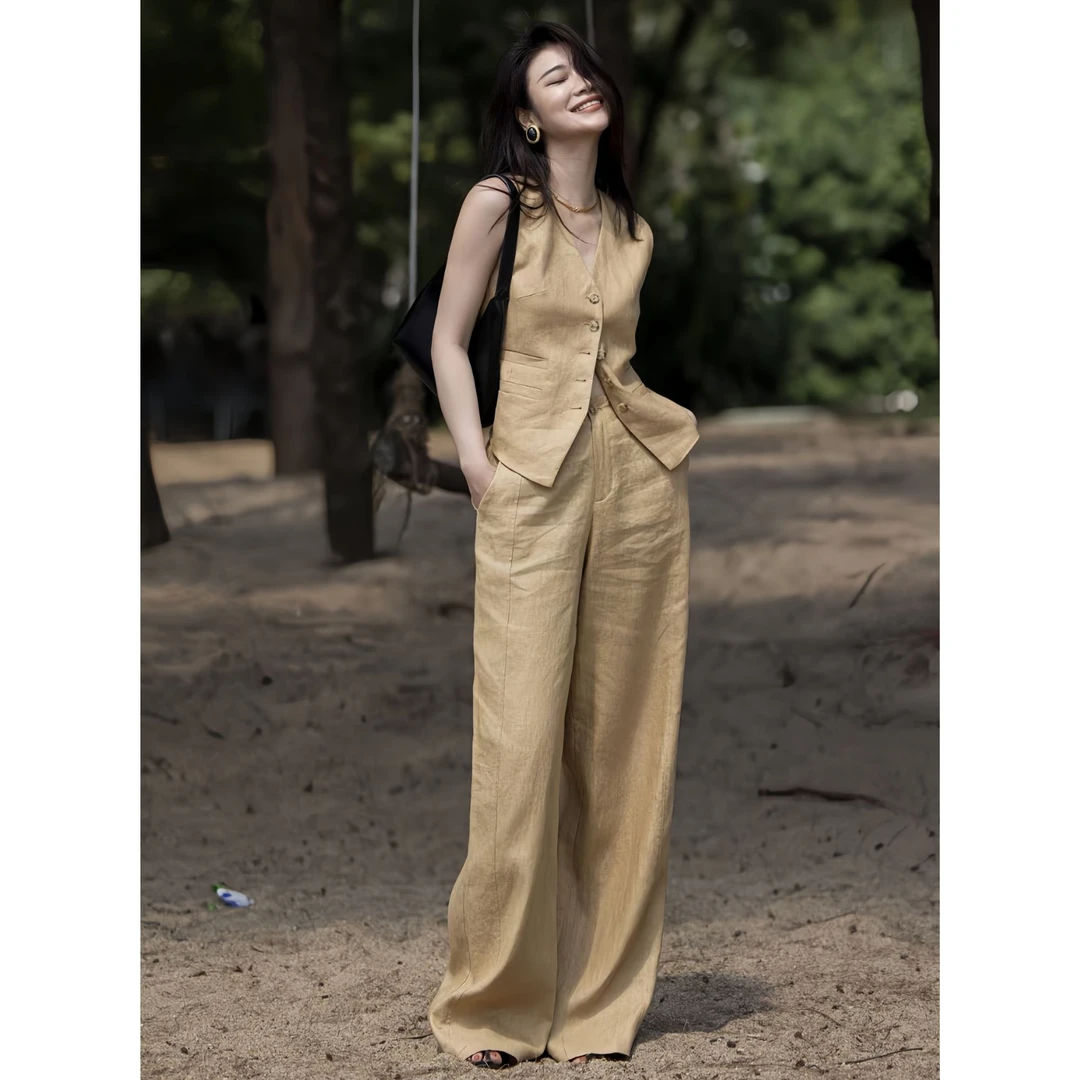 ZEROYK简约通勤时尚套装2025夏季高级感气质亚麻马甲阔腿裤两件套