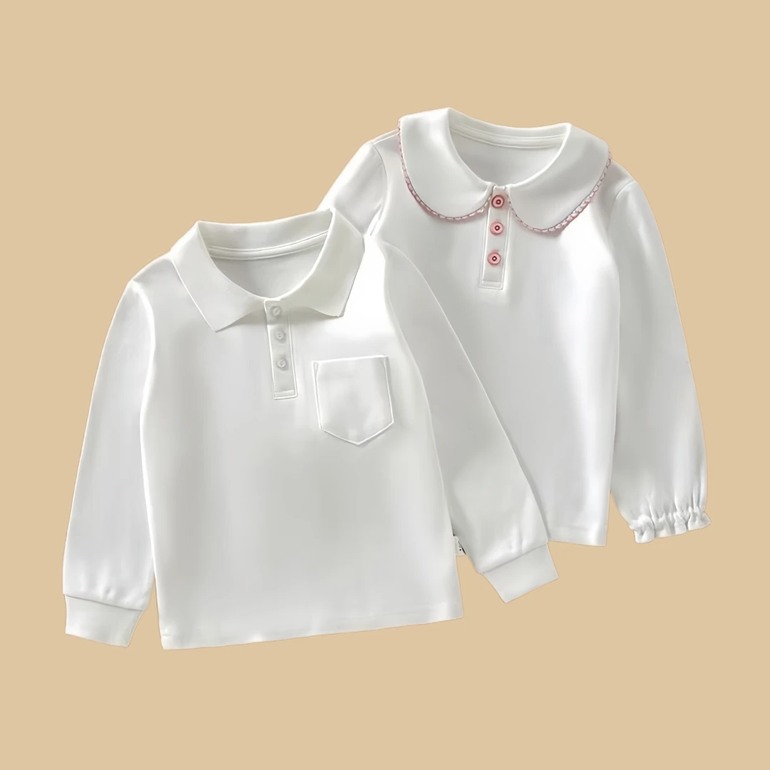 春秋纯色polo翻领衬衫男女童刺绣打底白色校服内搭上衣纯棉A类