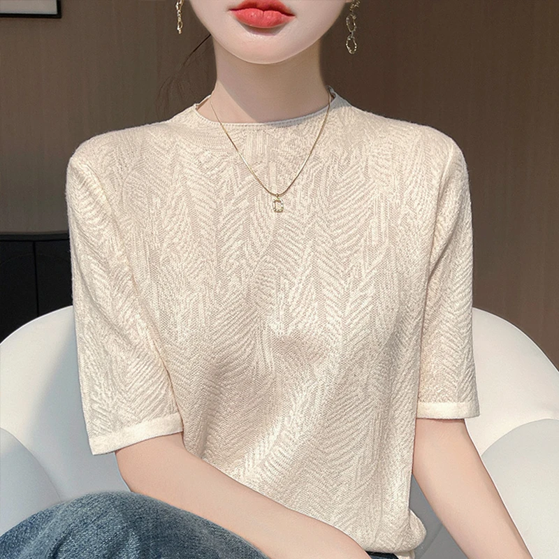 2025夏季新款宽松显瘦提花针织短袖t恤女打底衫大码女装薄款上衣