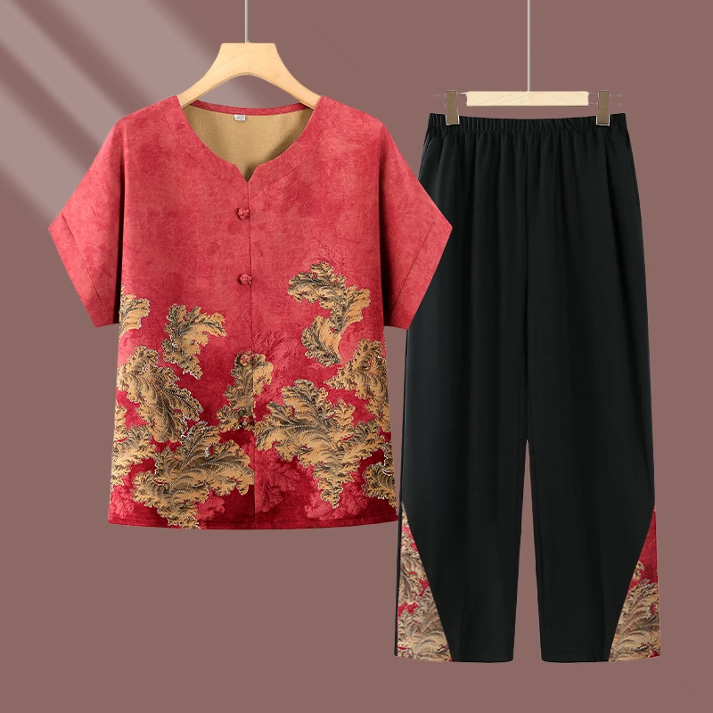 2025春夏季新款妈妈装中老年女装妈妈装时尚印花短袖开衫休闲套装