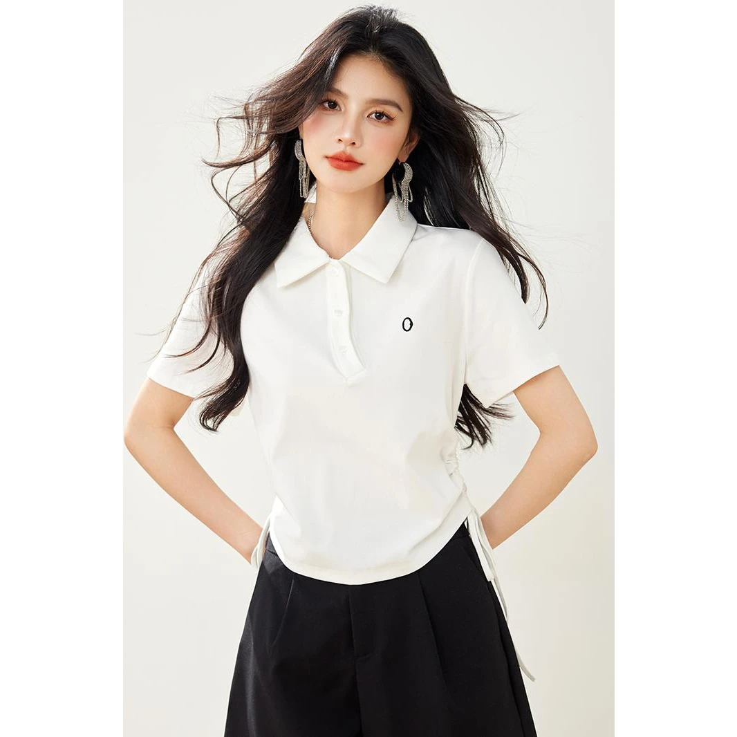 chic韩系穿搭白色Polo衫正肩短袖t恤女夏小个子修身短款翻领上衣