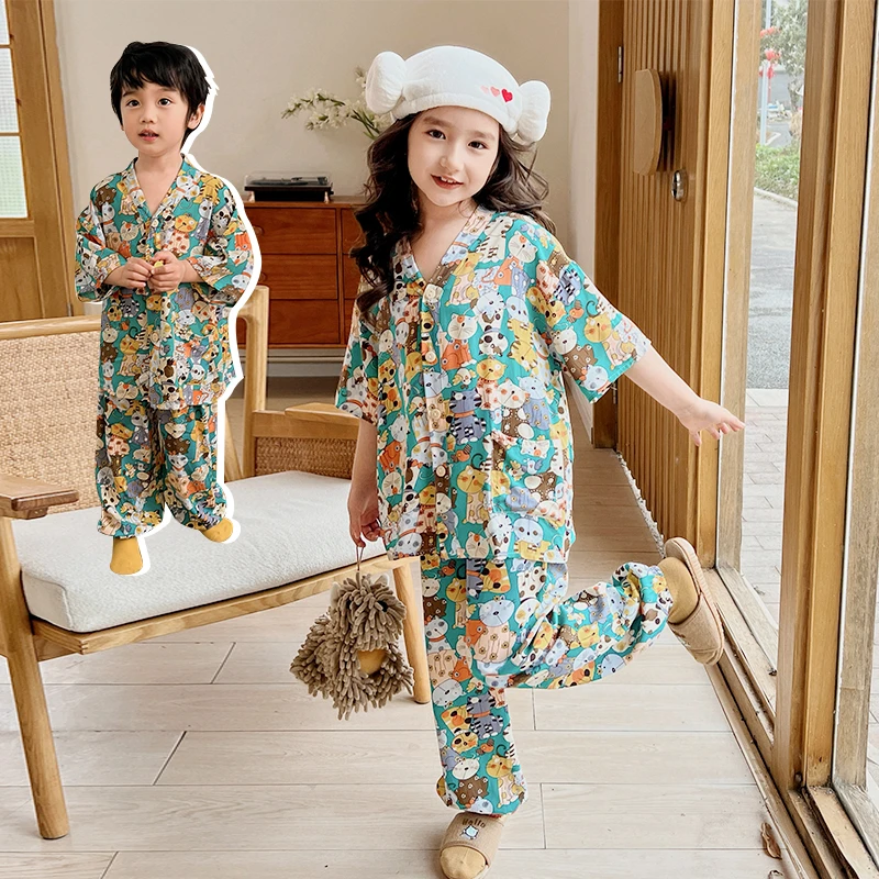 【7A抗菌】夏季儿童睡衣棉绸男女亲子家居服薄款短袖绵绸空调服l