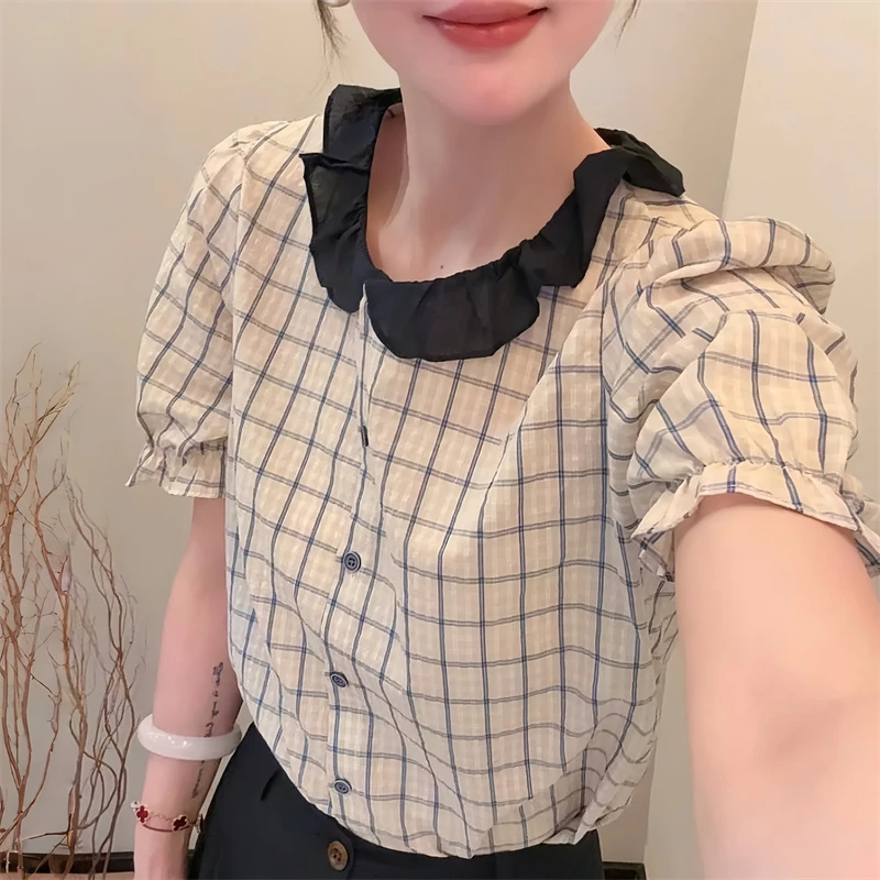 高级感撞色荷叶领格子单排扣衬衫显瘦宽松花边裤腿休闲裤夏季套装