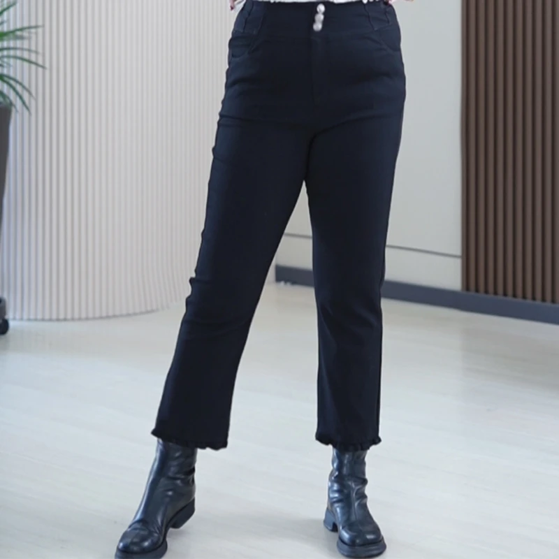 花朵裤木耳边小黑裤加宽腰头定制扣高弹力大码显瘦百搭休闲裤子女