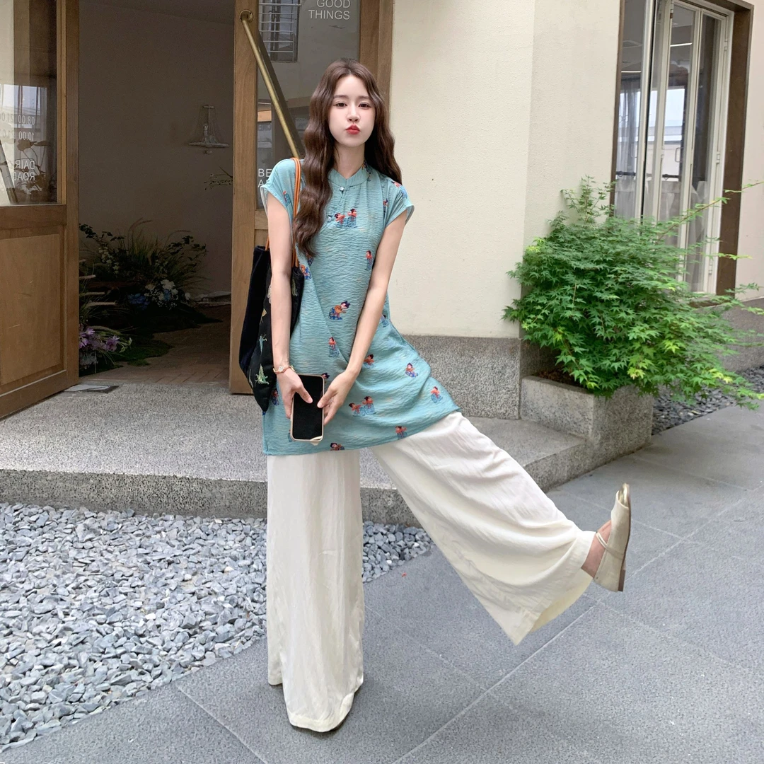 新中式国风印花上衣阔腿裤套装女2025夏新款温柔风温婉大方两件套
