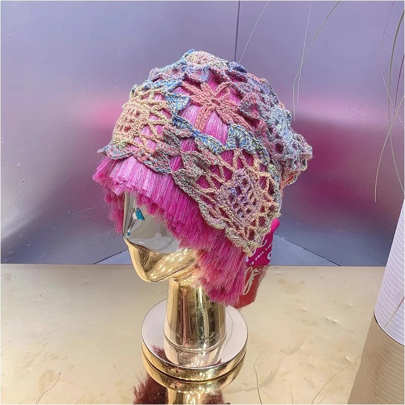 X20345欧美风设计师2024早秋新款彩色钩花镂空百搭时尚针织帽子