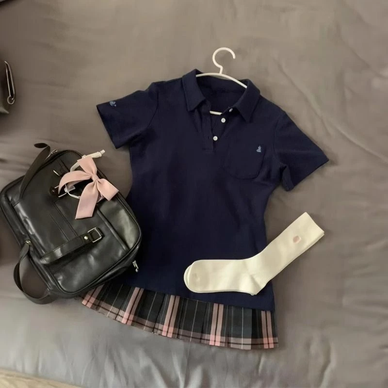 日系原创JK制服正版Polo衫夏季新品学院风收腰刺绣短袖校供感上衣