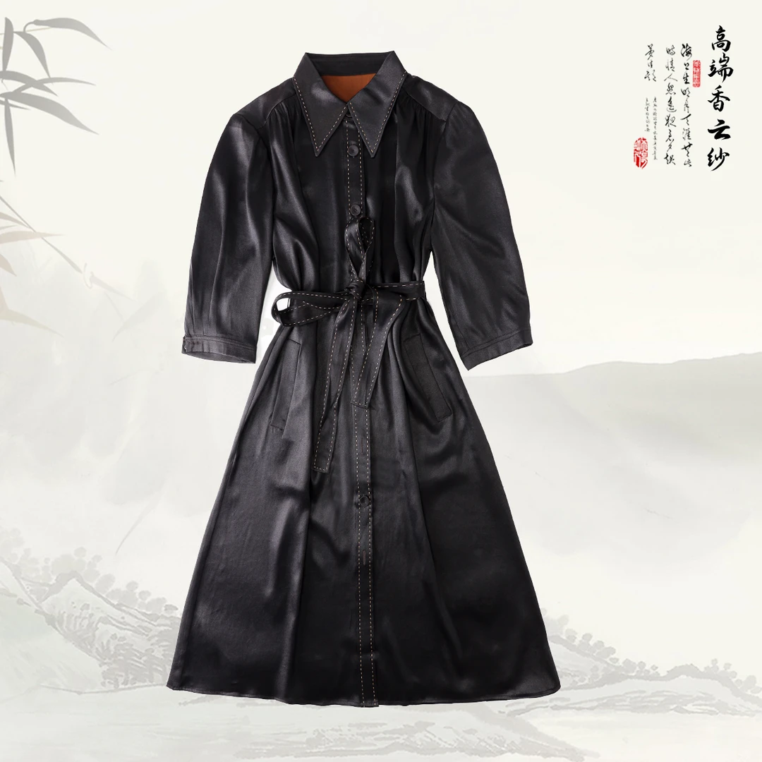 品牌【黑珍珠】新款香云纱新中式重磅排扣翻领连衣裙429644