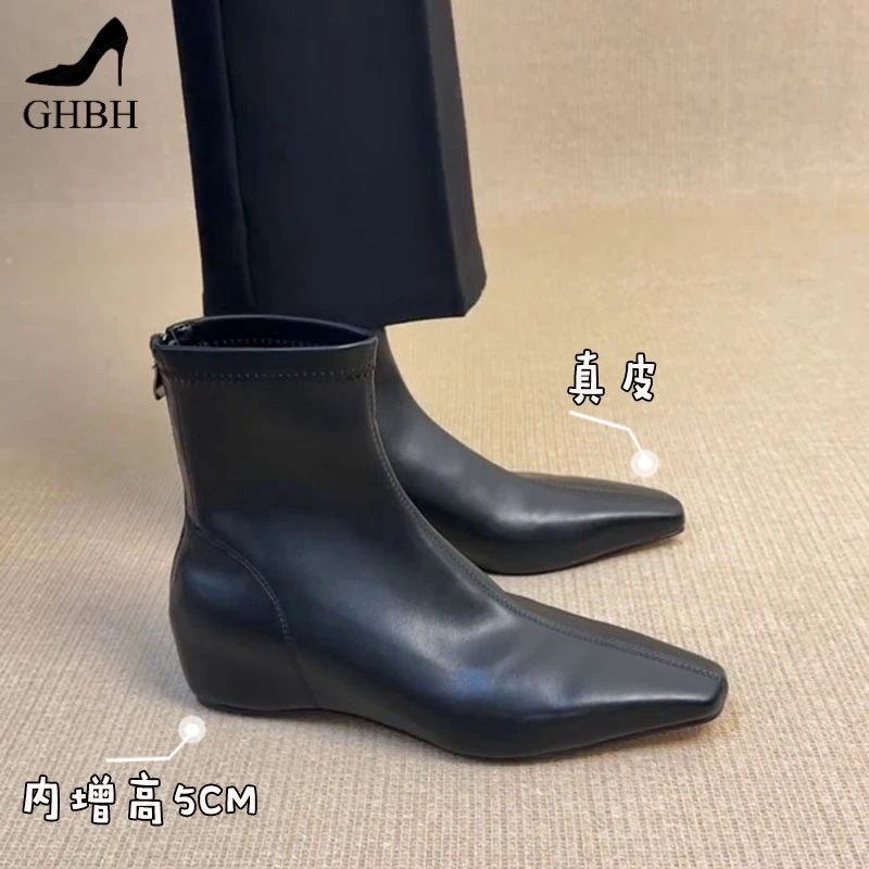牛皮~内增高气质方头软皮短靴女新款舒适简约百搭弹力瘦瘦靴