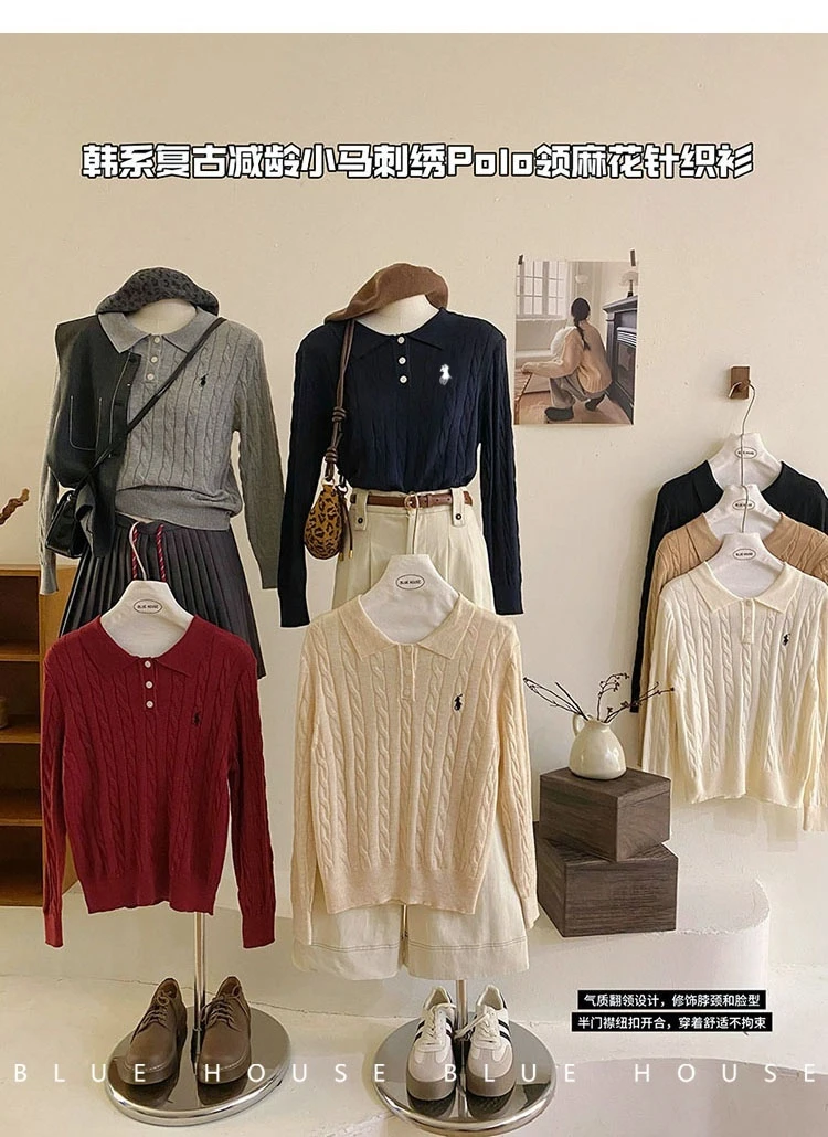 2025秋款刺绣polo领长袖亲肤针织衫韩系女秋休闲复古高级百搭上衣