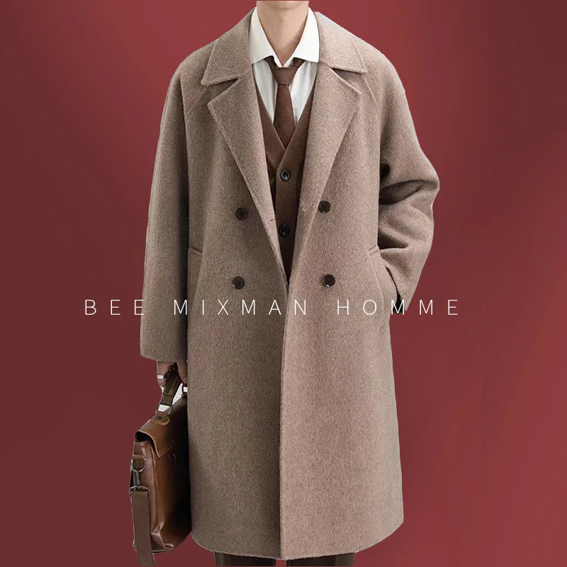 系腰带双面呢大衣男士中长款高级感秋冬季韩版宽松休闲羊毛呢外套