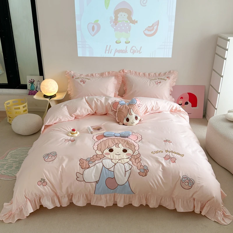 男女孩纯棉水洗棉四件套100%全棉儿童可爱被套床单宿舍床上用品