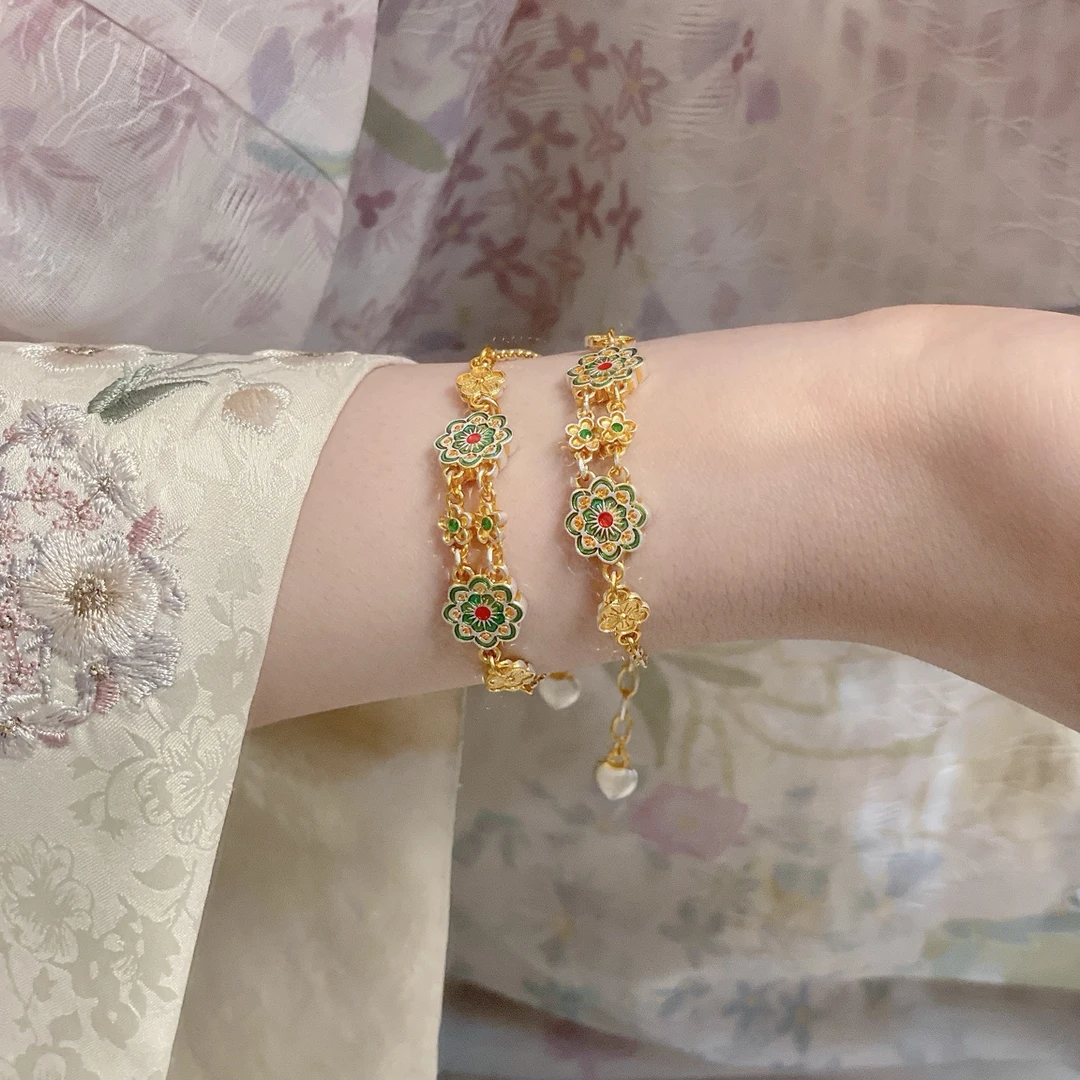 足银手链 古法纯银手链女足银999.9宝相花珐琅描金银手链国风个性