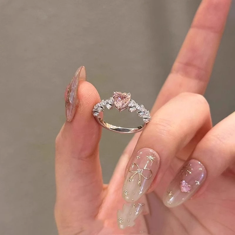 春夏超闪粉锆爱心戒指女轻奢小众设计感可调节指环气质优雅心形食