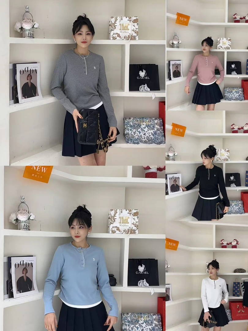 【魅力小猫】欧货春款圆领半开扣设计感小猫刺绣打底上衣-25151