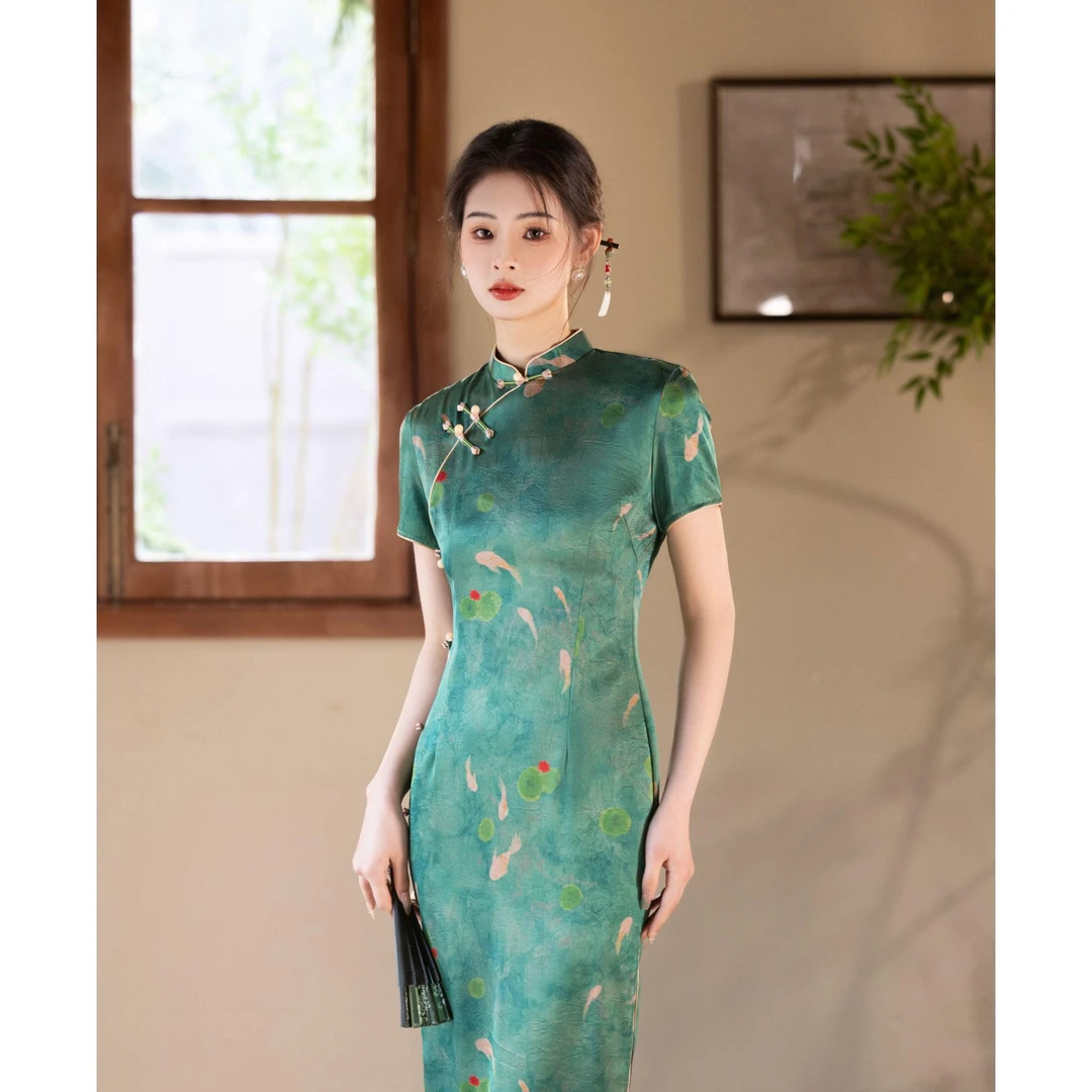 《跃龙门》M-4XL高考旗袍绿色妈妈送考夏季连衣裙锦鲤鱼中国风608