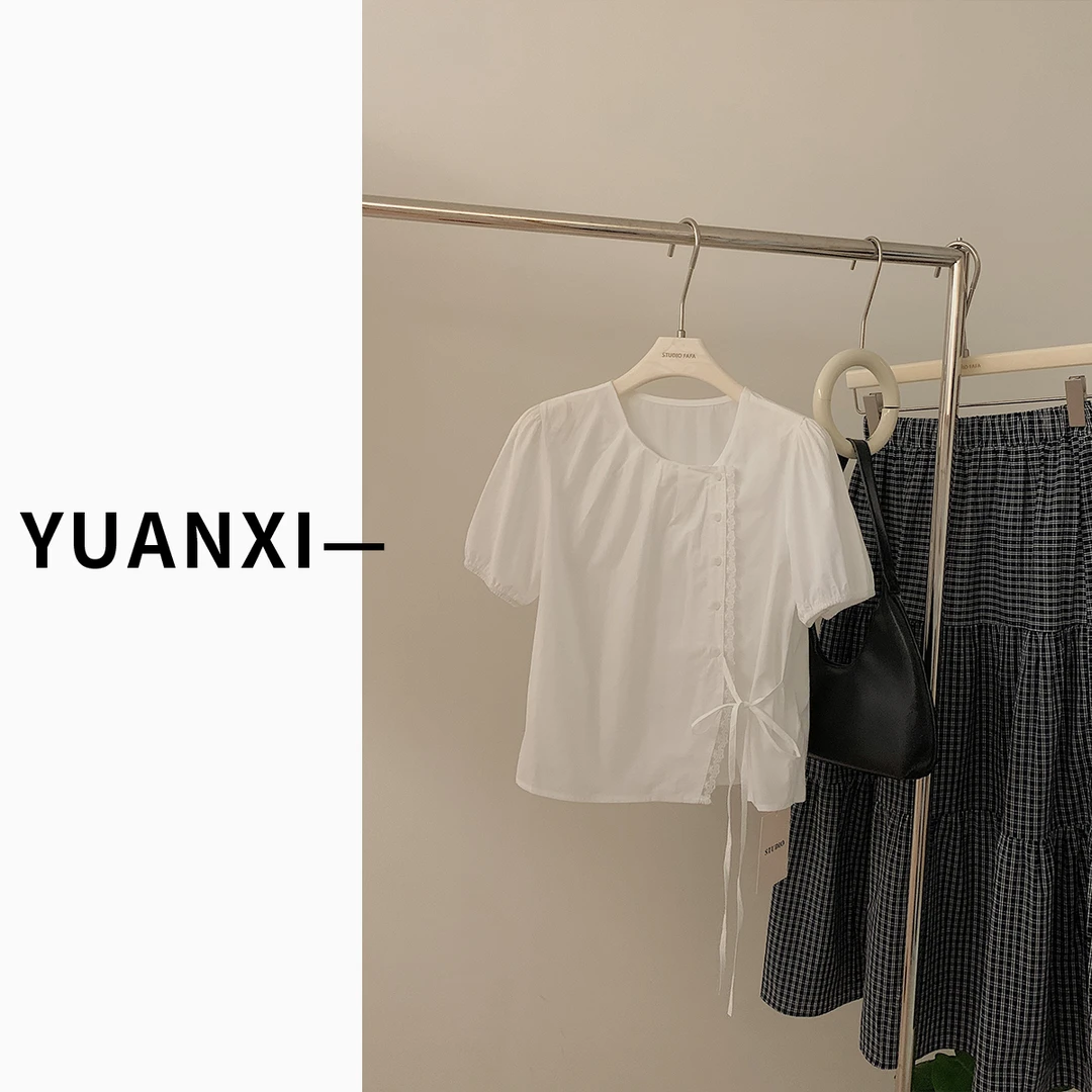 【FAFAJIA】F541 韩版设计感盘扣收腰短袖衬衫女夏季