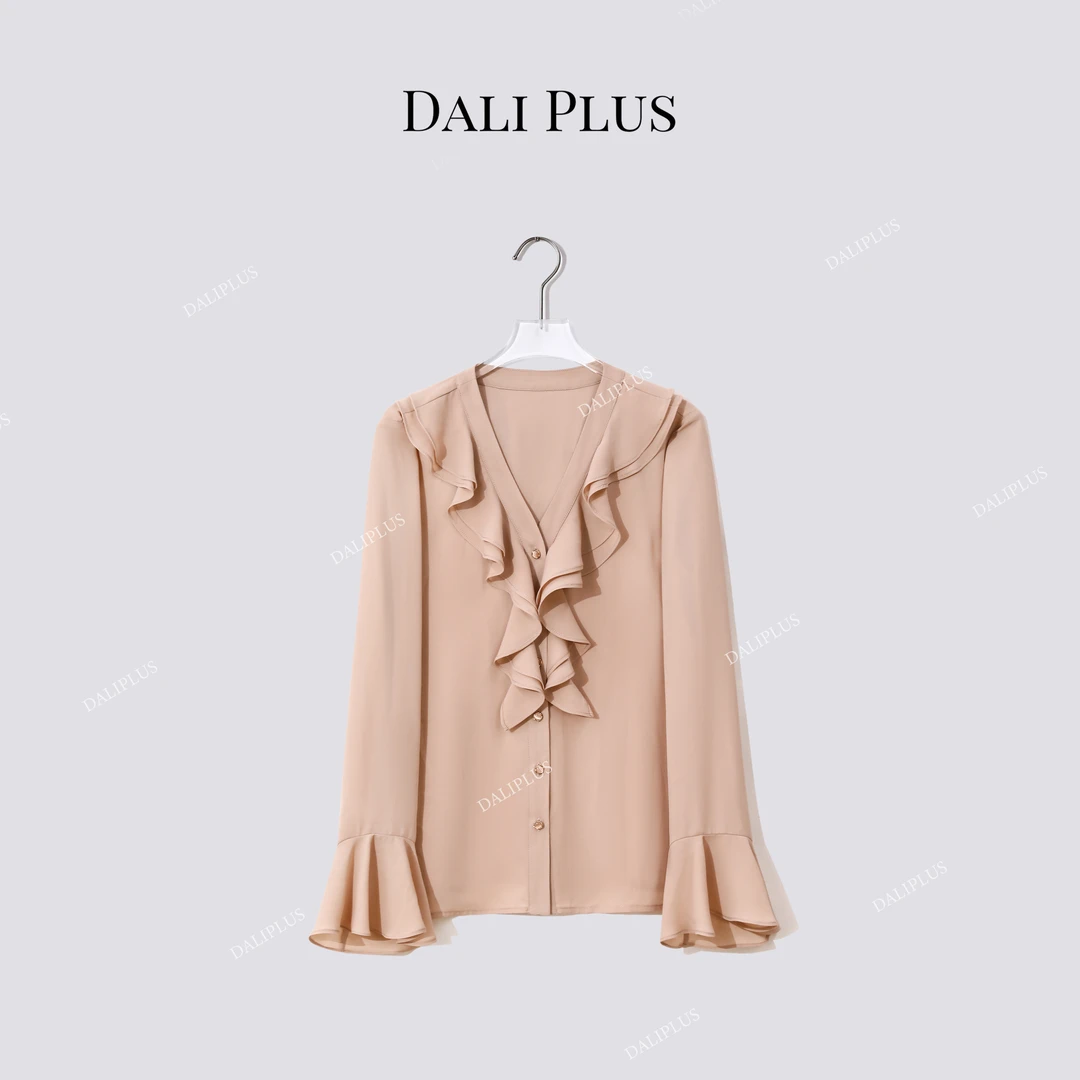 DALI PLUS“哑粉色双层V领荷叶边衬衫”长袖衬衫-D5SS7255