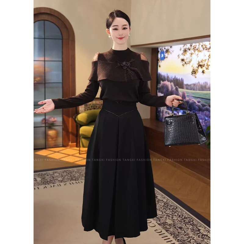 唐熹2025新款【8423】含绵羊毛针织衫网纱拼接咖色优雅洋气毛衣女