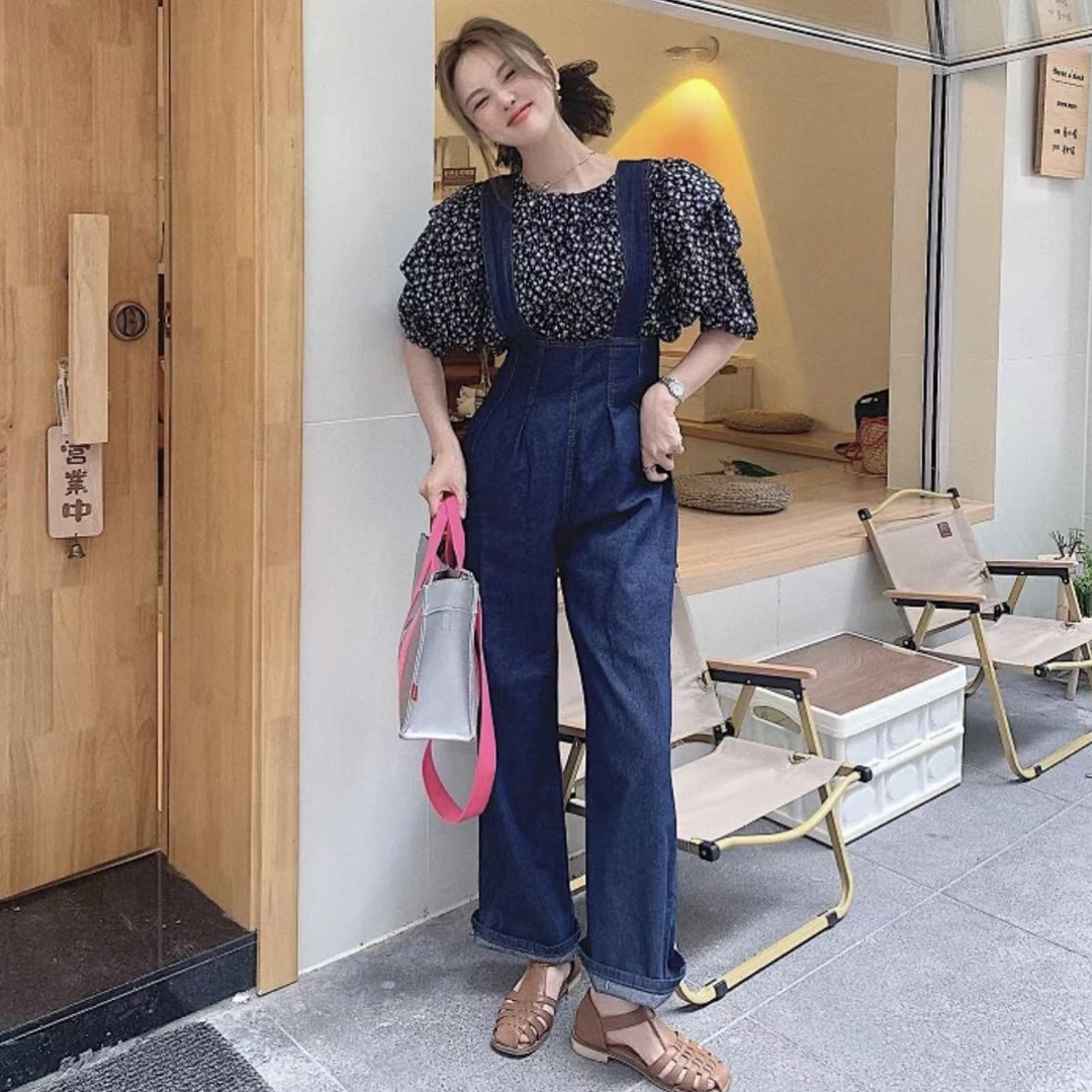 减龄气质高腰直筒阔腿拖地牛仔背带裤女秋季新款韩版宽松